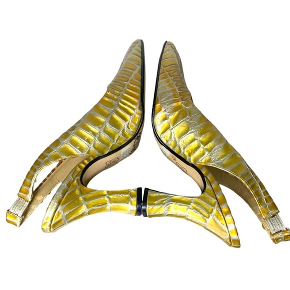 Vintage 90s Caressa Metallic Yellow Crocodile Skin Square Toe Slingback Heels 6 - Picture 6 of 11
